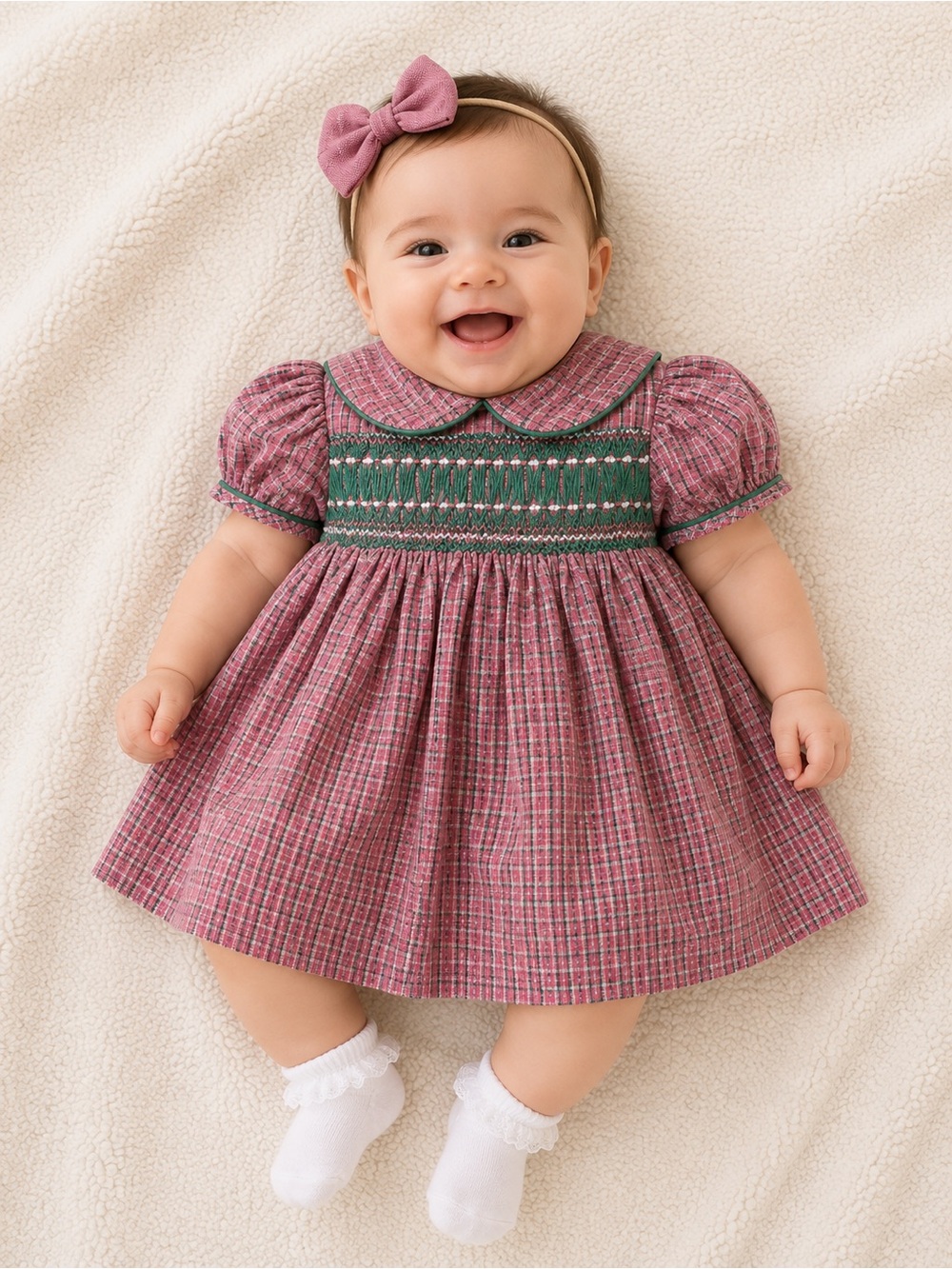 Girls' Pink Plaid Smocked Formal Dress with Green Yoke